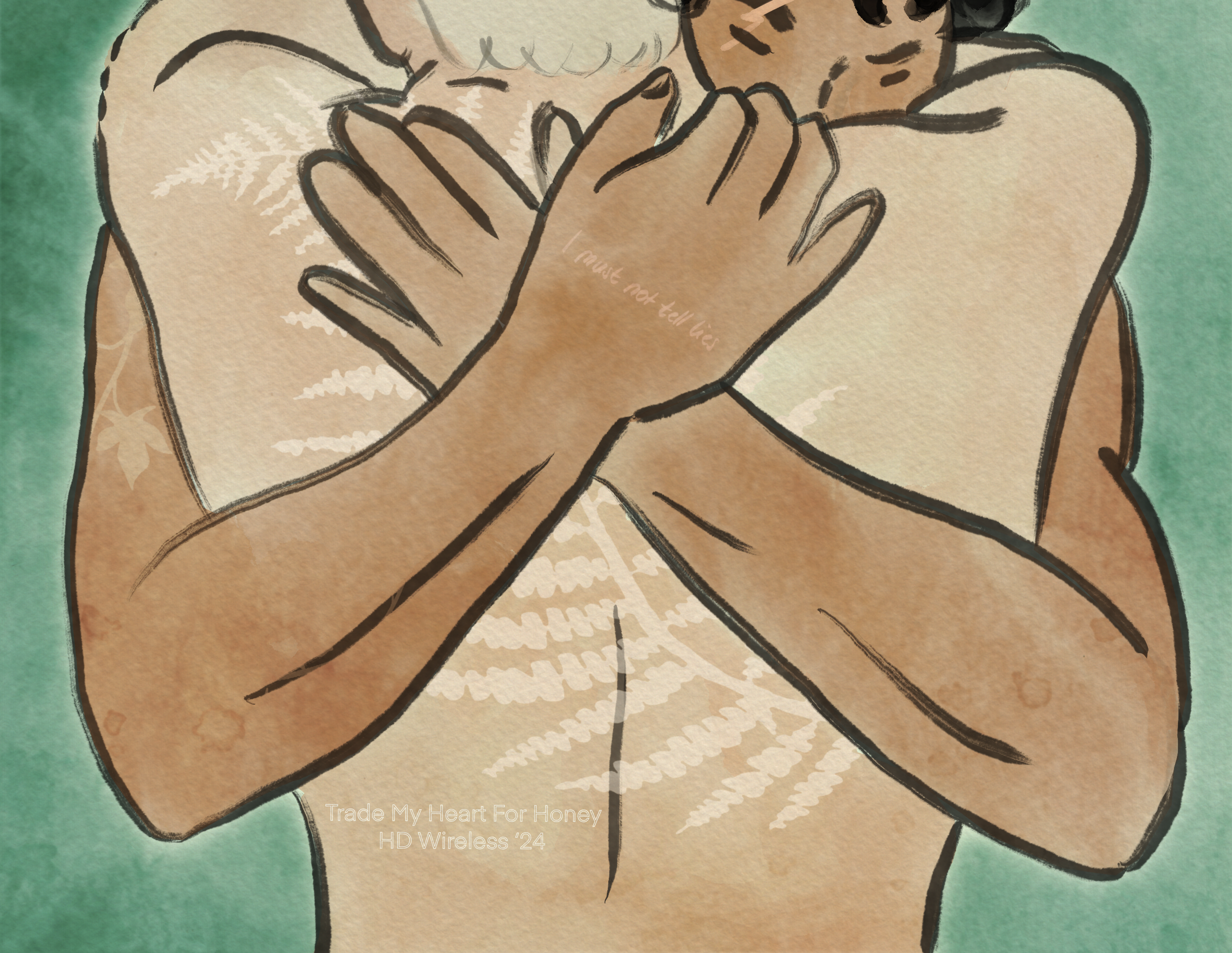 Upper body shot of Harry and Draco hugging naked, Draco's fern imprint visible on his back (Watercolour)