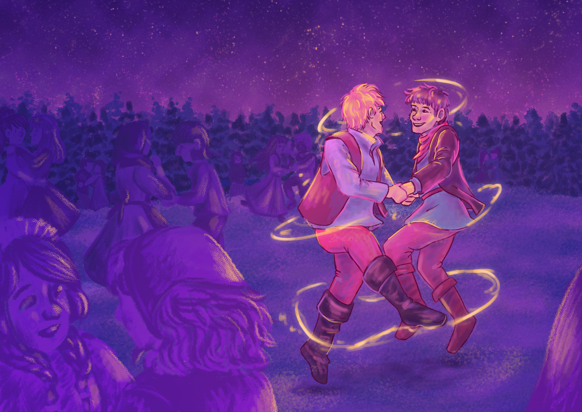 merlin and arthur dance together in a clearing, with other couples around them. merlin is smiling, and arthur has his face hidden, turned towards him. their hands are clasped together, and their feet in the air, in the middle of a jump. on hte background you can see the starry sky above the treelines.