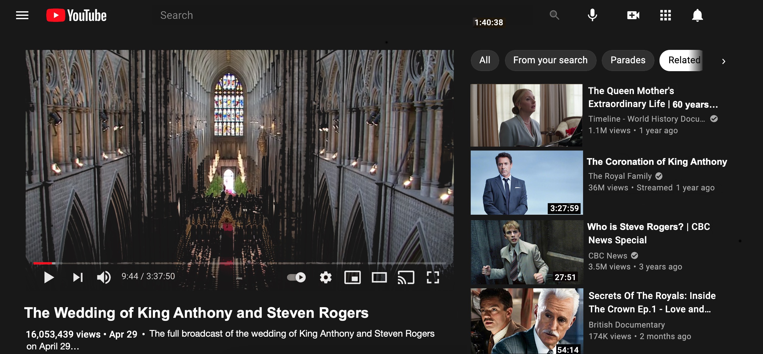 Youtube video 'The wedding of King Anthony and Steve Rogers' paused on a shot of Westminster Abbey plus video suggestions for Tony's coronation and documentaries on secrets of the royal family