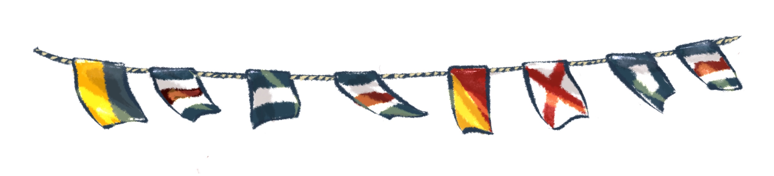 A string holding 8 international maritime signal flags, corresponding to modern letters KCJCOVPC