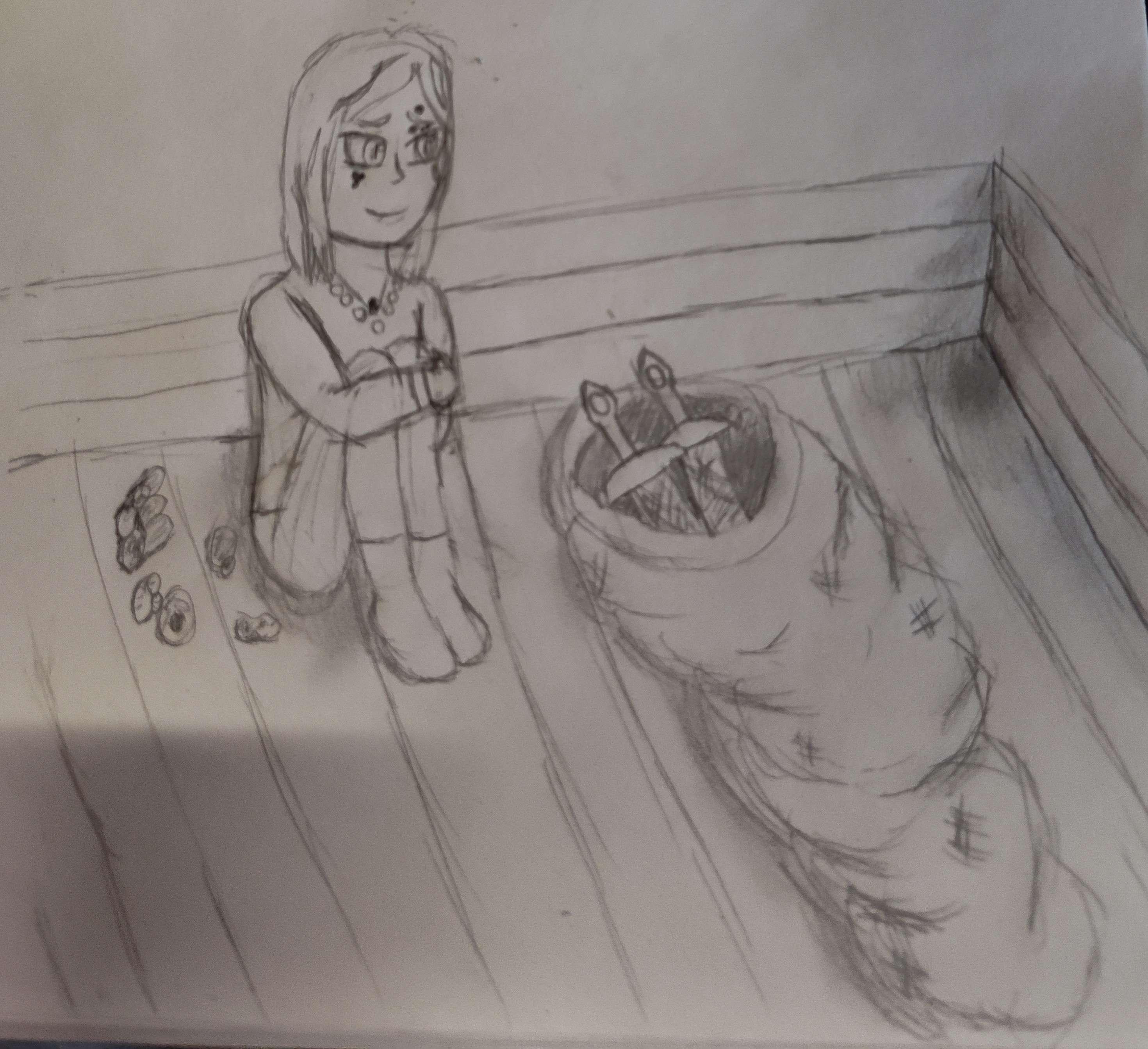 A pencil sketch of a a young Maeglin sitting in the back of a wagon. He is next to a pile of rocks and his two sword siblings whom are resting in a sack.