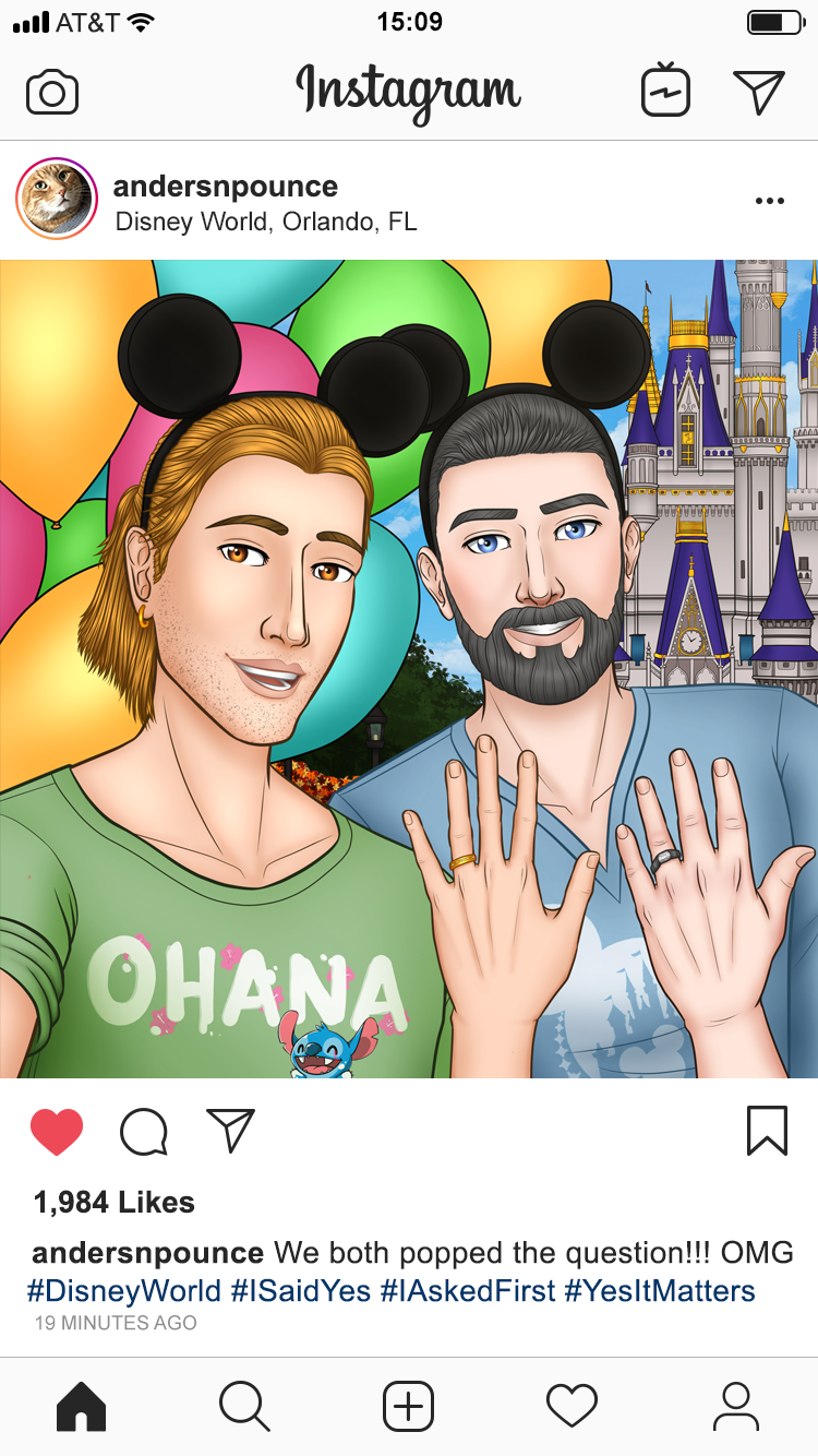 A screenshot of Instagram mobile, of modern-AU Anders and Karl taking a selfie. They are standing in front of the Disney World castle and there are balloons flying behind them. They are both smiling, and holding up their left hands to show off their engagement rings! The caption reads "We both popped the question!!! OMG #DisneyWorld #ISaidYes #IAskedFirst #YesItMatters" and there's a lot of likes.