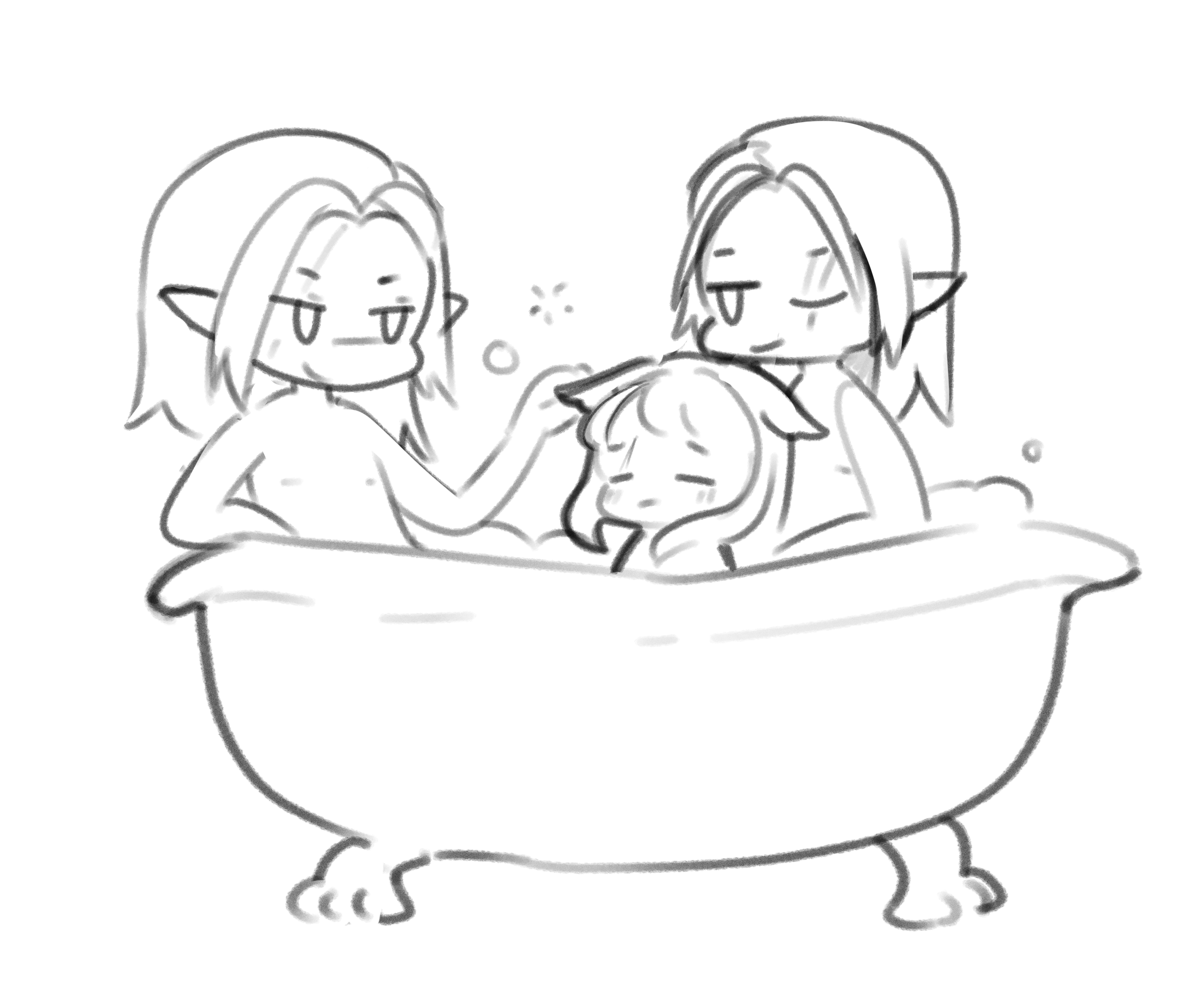 Grinnaux, Arcelia, and Paulecrain share a bath together.