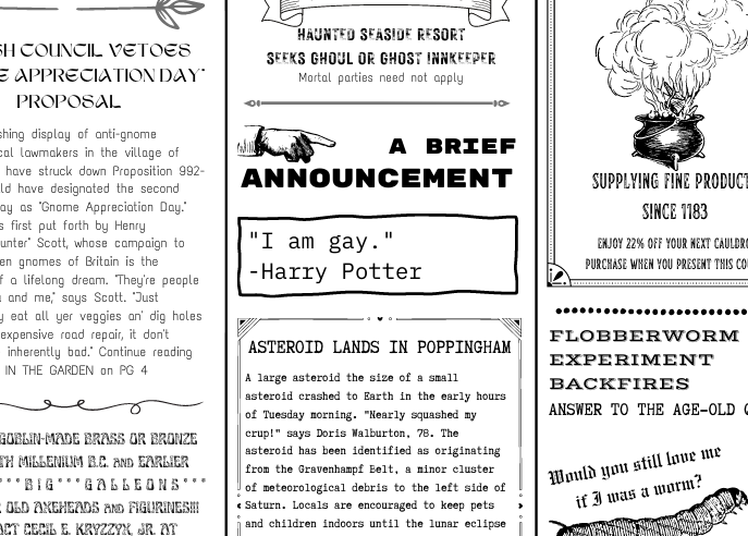 a snippet from The Quibbler. a finger points to the title, "A Brief Announcement." the article reads: "I am gay." -Harry Potter