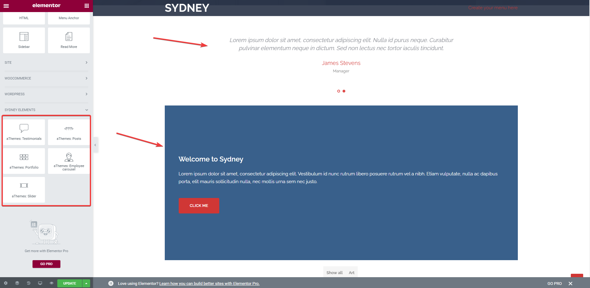 Customize Sydney with Elementor