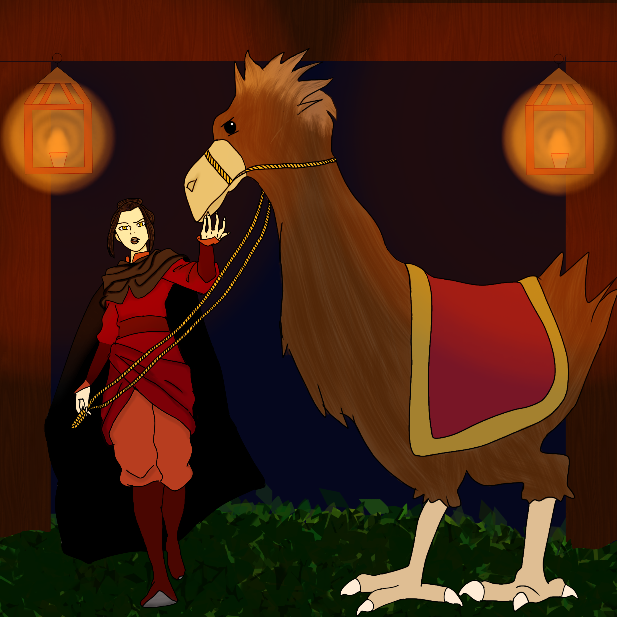 [ID: a digital art of Azula and an ostrich-horse named Naga. It's night and Azula is on the left side of the painting, and Naga is on the right. She's wearing traditional Firenation style clothes: a red robe with a deep red belt and boots and dark orange pants, cufflinks and lapel. She's also wearing a black cloak over her clothing that flows in the winds. Her hair is in a topknot and her expression is one of disbelief. By her side is Naga, a dark brown colored ostrich-horse with a light brown mane, a red and yellow saddle and a yellow rope connected to her yellow muzzle. Azula is holding the rope in her right hand, relaxed by her side, while her left hand is lifted towards Naga's beak, guiding her. The ground is covered in dark green leaves, and they're under a wooden structure that holds two lit oil lamps, one at each side of the painting, and their orange light lights the whole scene.   End ID]