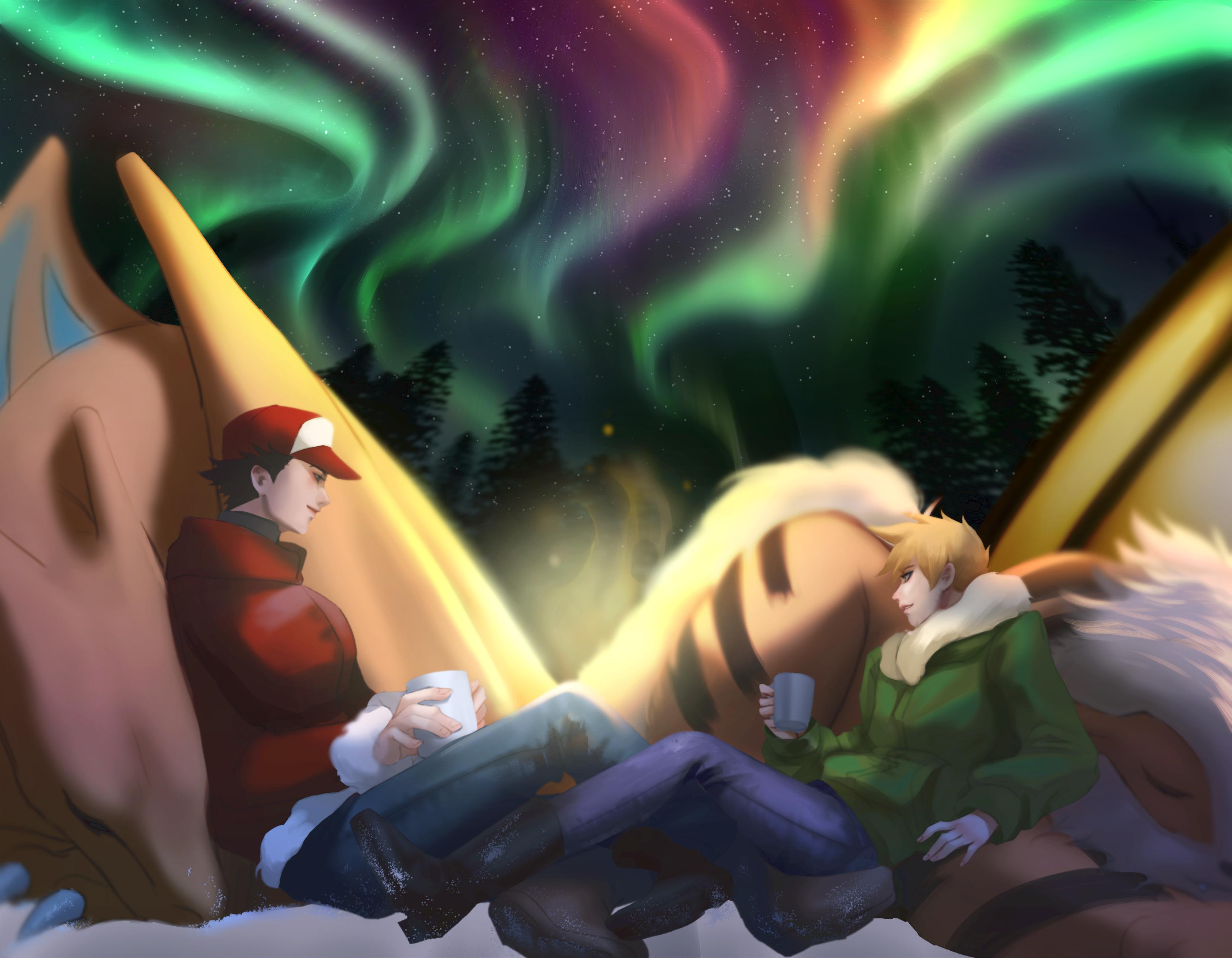 Red and Green from Pokemon, camping in a forest under the aurora borealis. The tent is behind them, glowing with light from within. Green relaxes against Arcanine and Red against Charizard, dressed in winter clothing. Each one holds a mug of hot chocolate, and they are laughing and talking as they admire the sky.