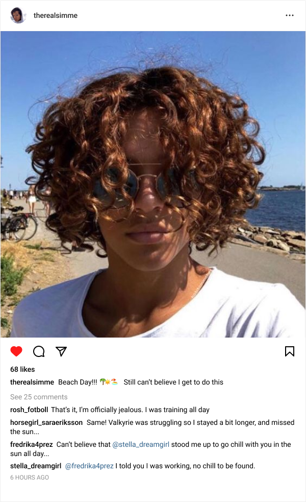 An instagram post of a tan boy with long curly hair and a white t-shirt standing on a beach. The caption reads "Beach Day" followed by beach emojis. "Still can't belive I get to do this". There are a few comments underneath the post from friends.