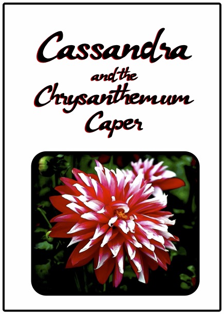 A faux book cover that says Cassandra and the Chrysanthemum Caper above a picture of a red and white chrysanthemum.