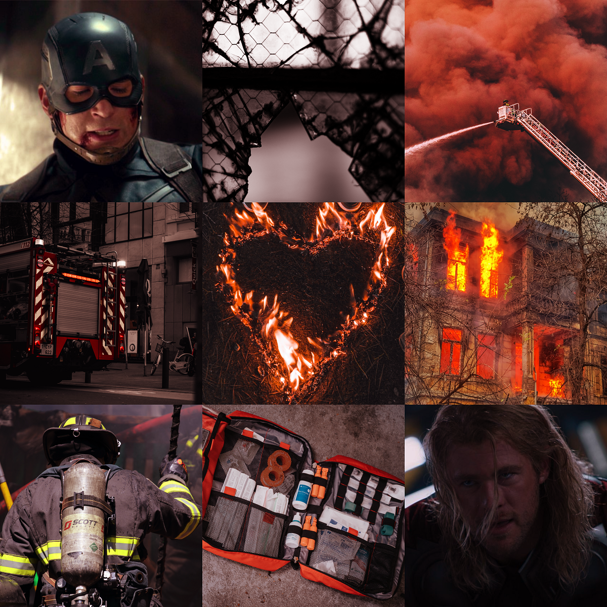 A 3x3 grid of images. 1- A close-up of Steve Rogers's face, covered in blood. He is in his Captain America uniform, wearing his helmet. His eyes are closed. 2- A broken window. 3- The extended ladder of a firetruck, with a firefighter operating a hose. Huge red clouds of smoke rise in the background. 4- A firetruck traveling down a street. 5- A fire on the ground burning in the shape of a love heart. 6- A burning multi-story building with fire pouring out the windows. 7- The back of a firefighter in uniform. 8- An orange first-aid kit laid out on a concrete floor. 9- Thor, hunched over, his hair falling into his face.