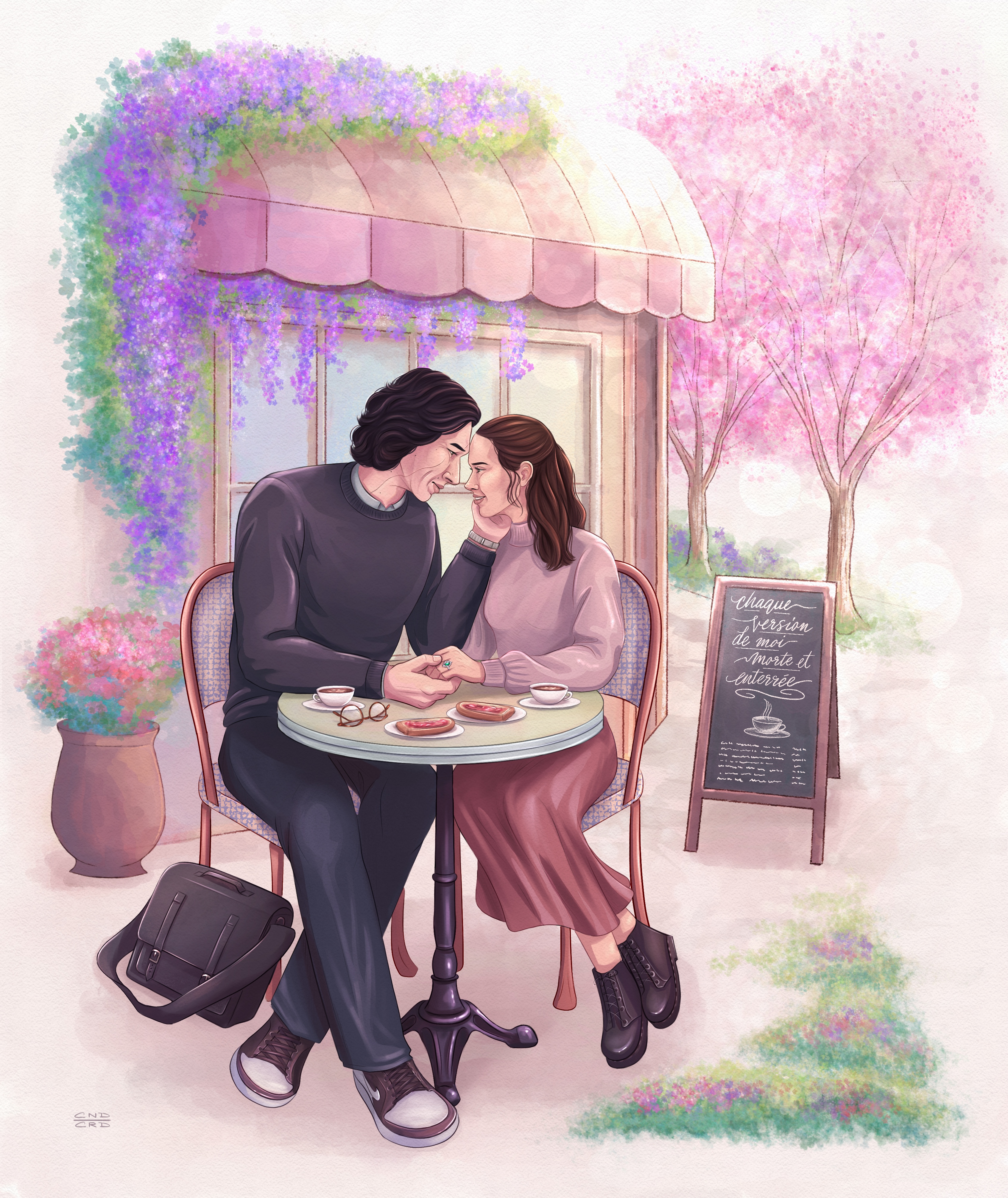 Ben and Rey at a cafe table in Paris. She has an engagement ring on her finger.