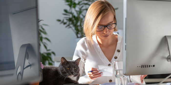 A photo of a woman working on her taxes at a computer with a sleepy cat nearby on the desk.