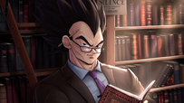 Vegeta Reading refers to a piece of Dragon Ball fan art showing the character Vegeta reading a book in a library. Vegeta is wearing a suit and glasses, leaning against a bookshelf while looking at the viewer. The artwork was created by internet user WhirlyDoodle in 2023. Vegeta Reading became the subject of an image macro series which notably spread on TikTok in 2024. Captions about being studious or smart were paired with the image in photo slideshows and slow fade-in memes. The image was often used with the Blackbeard Writing meme.