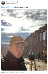 Warren Davidson @WarrenDavidson #BorderSecurity is infrastructure. 2:53 PM · Apr 7, 2021 · Twitter for iPhone