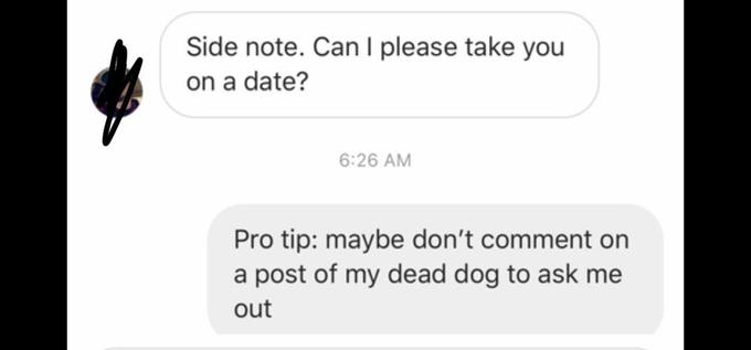 Side note. Can I please take you on a date? 6:26 AM Pro tip: maybe don't comment on a post of my dead dog to ask me out