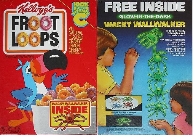 Kellogg's FROOT LOOPS READY SWEE NET WT:11 OZ (312 GRAMS) CEREAL 100% USHDAGF ALL NATURAL FLAVORS: ORANGE LEMON CHERRY & OTHER FLAVORS WACKY WALLWALKER INSIDE 88 FREE INSIDE WACKY WALLWALKER Toss it on walls. It tumbles and crawls down. GLOW-IN-THE-DARK Ollins ninate win lamp of sight Wacky in the dark. E S New Wacky Wallwalkers come in four glow-in-the-dark colors...red. green, yellow and blue. Collect all four, and race in the dark.