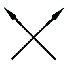 This may contain: two crossed spears with one pointed at the end on a white background in black and white