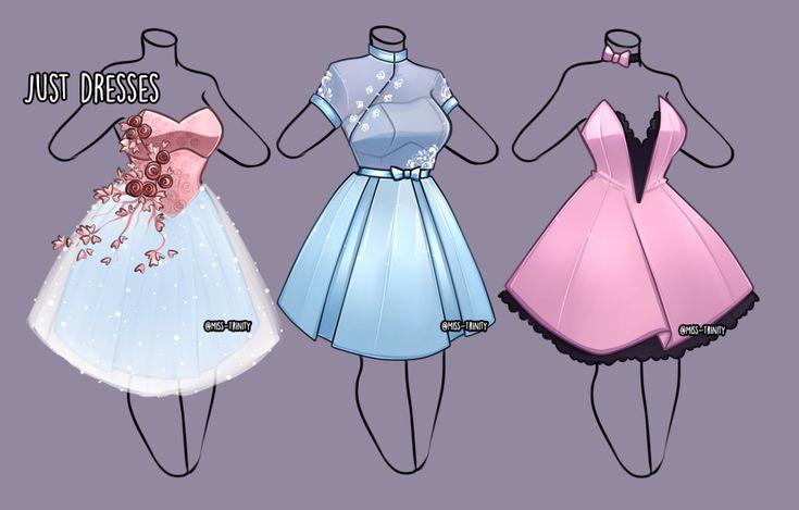 three different dresses on mannequins, one in pink and the other in blue