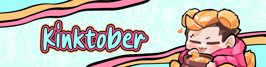 La imagen es un banner con el texto "Kinktober" en letras grandes y coloridas, con un estilo suave y amigable. El fondo es celeste claro con dibujos simples en blanco, como mariposas y flores. A la derecha, hay una ilustración de un pequeño Gustabo con cabello rubio, mejillas sonrojadas y una expresión de satisfacción. Está envuelto en su abrigo rojo mientras sostiene un recipiente de miel. Dos líneas curvas de colores, rosa y amarillo, enmarcan el texto en la parte superior e inferior del banner.