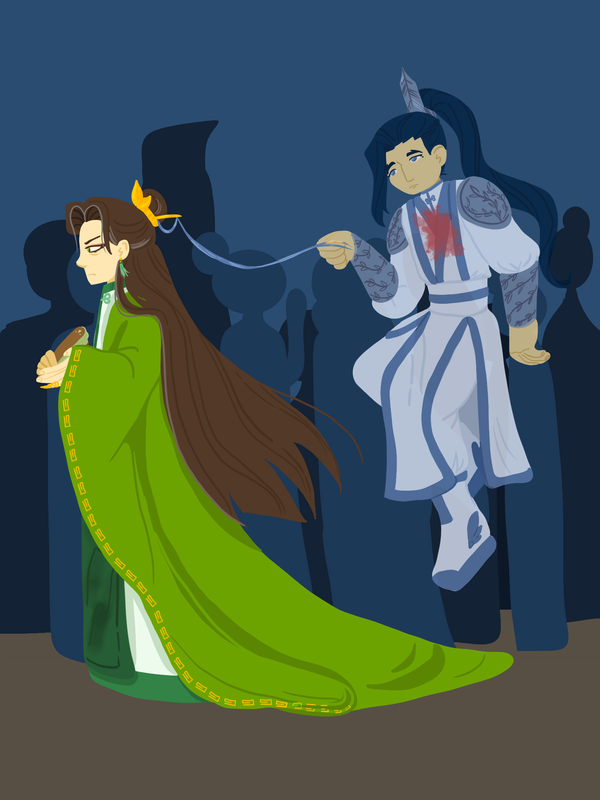 Shen Qingqiu walks with his head held high as he walks past gossips. Liu Qingge, a ghost, trails after him.