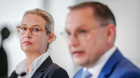 Die AfD-Vorsitzenden Alice Weidel und Tino Chrupalla Anfang Juni im Bundestag.