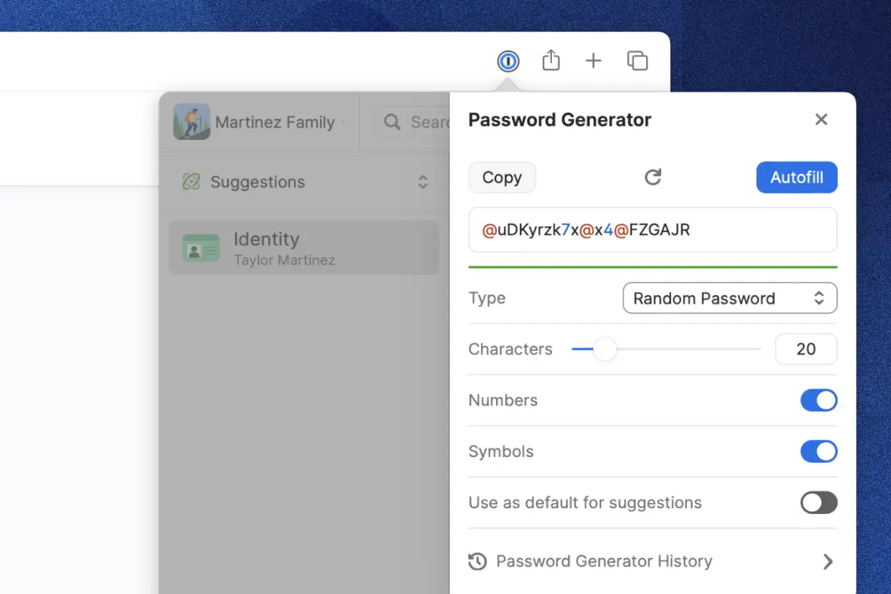 A ferramenta geradora de senhas integrada no aplicativo 1Password mostra uma senha aleatória gerada. Há opções para copiar a senha e preenchê-la automaticamente.