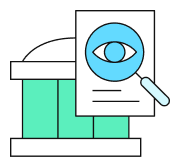 An icon of a magnifying glass over a document with an eye symbol, representing scrutiny or review. The document is in front of a government building.