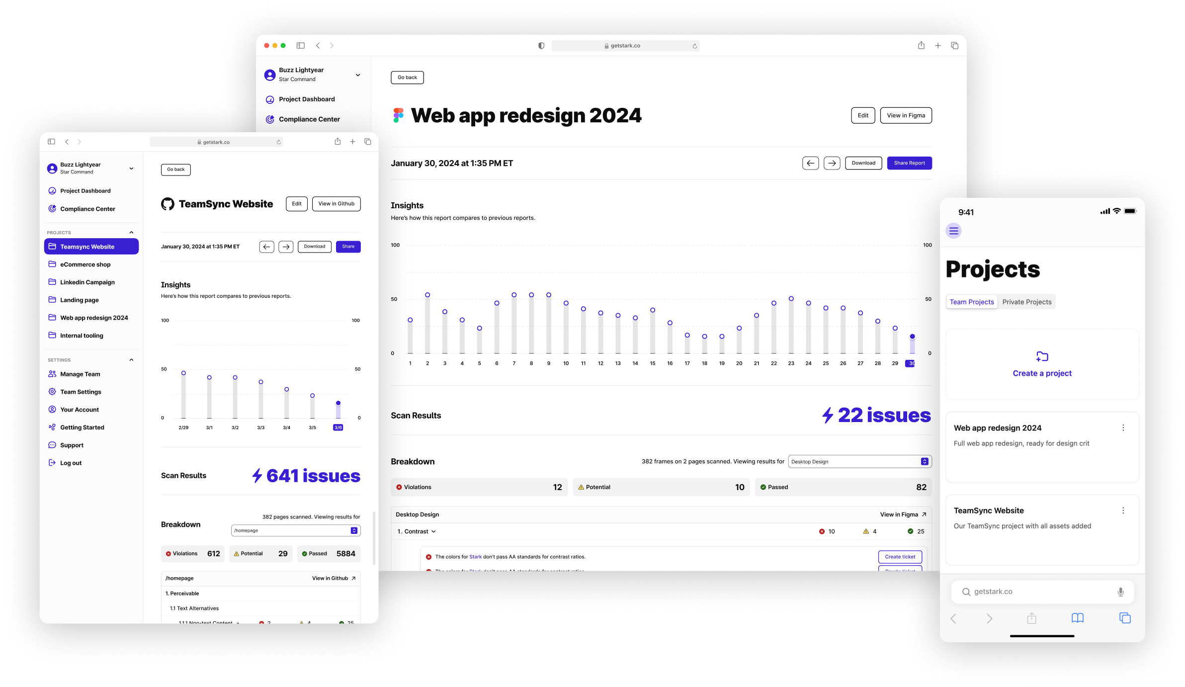 Stark shown at different sizes to highlight how it can be used anywhere. On each screen are different examples that show charts, number of issues, and detailed breakdowns of accessibility issues Stark found.