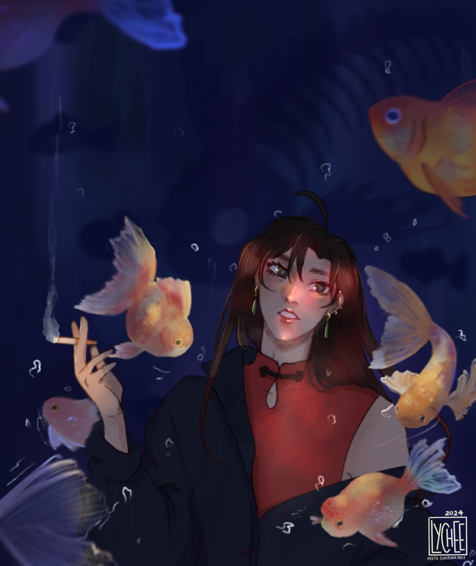 a digital painting of Wei Wuxian smoking a cigarette. His jacket is falling down his right shoulder, and he is being surrounded by gold fish swimming around him. There is a fish skeleton in the far distance and bubbles all over.