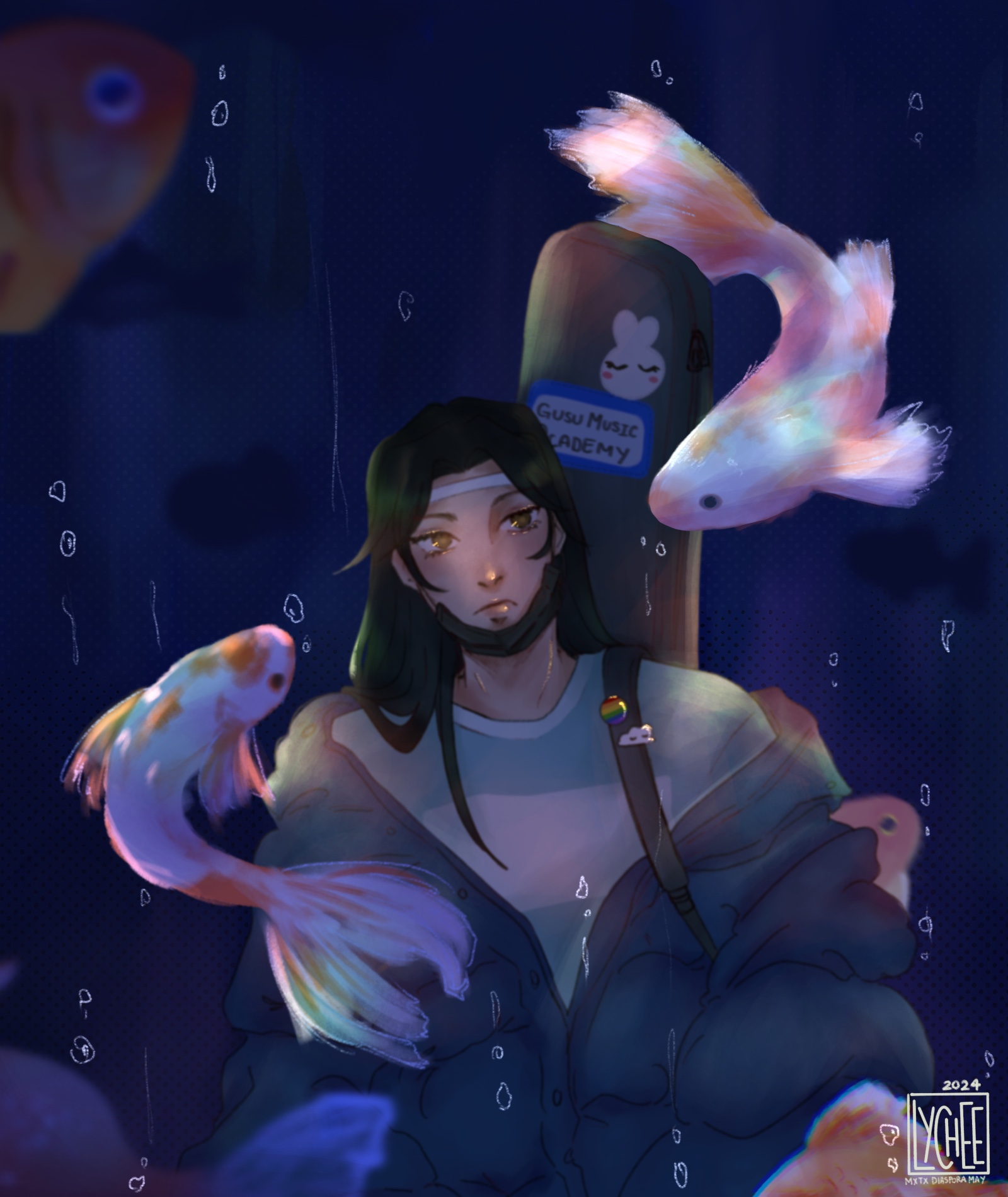 a digital painting of Lan Wangji holding an instrument case, with a gay pride pin on the strap, along with a cloud pin. The case has bunny sticker on it, and another sticker that reads 'gusu music academy.' His puffy jacket is falling off his shoulder. He is being surrounded by two fish, white with orange stripes. Behind and in front of him are more orange fish with bubbles all over.