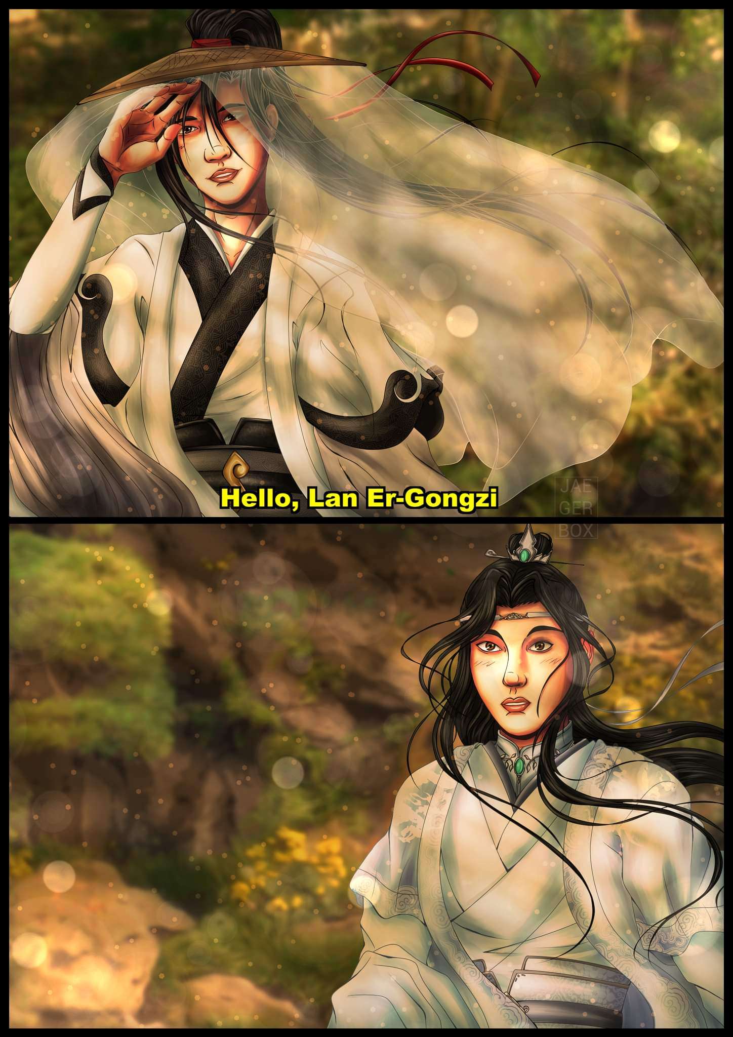 Outside on a sunny day Wei Wuxian stands dressed in black and white robes and wearing a weimao (wide-brimmed hat), the veil lifting in the breeze. Underneath this reads &quot;Hello, Lan Er-Gongzi&quot;. The panel below shows Lan Wangji in the same location, looking a little stunned and blushing