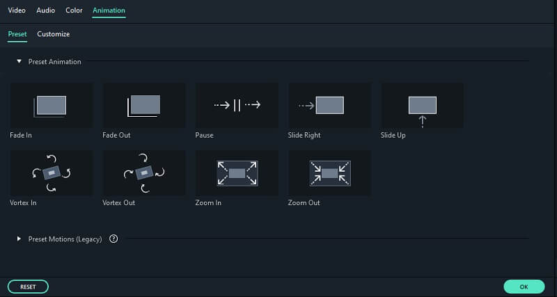 Placing Zoom In/Out Preset in Filmora Timeline