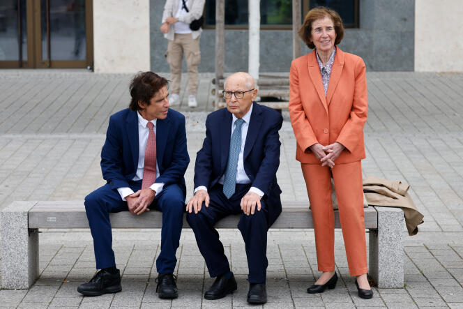 From left to right: Arno Klarsfeld with his parents, Serge and Beate, during a visit to the Memorial to the Murdered Jews of Europe, in Berlin, as part of French President Emmanuel Macron's state visit to Germany, May 27, 2024.