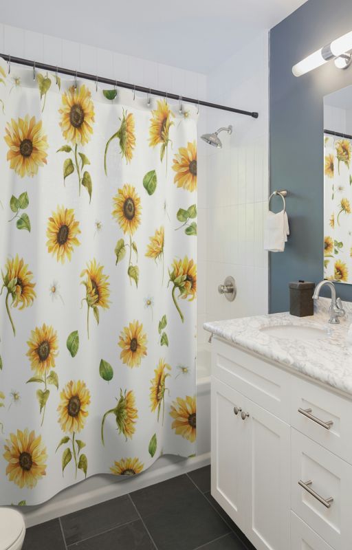 Matching Watercolor Sunflower Shower Curtain with Bath Mats by skhomesdecor