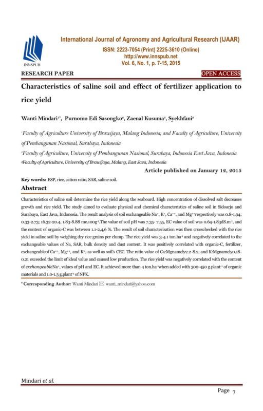 Characteristics of saline soil and effect of fertilizer application to rice by oaresearchpaper