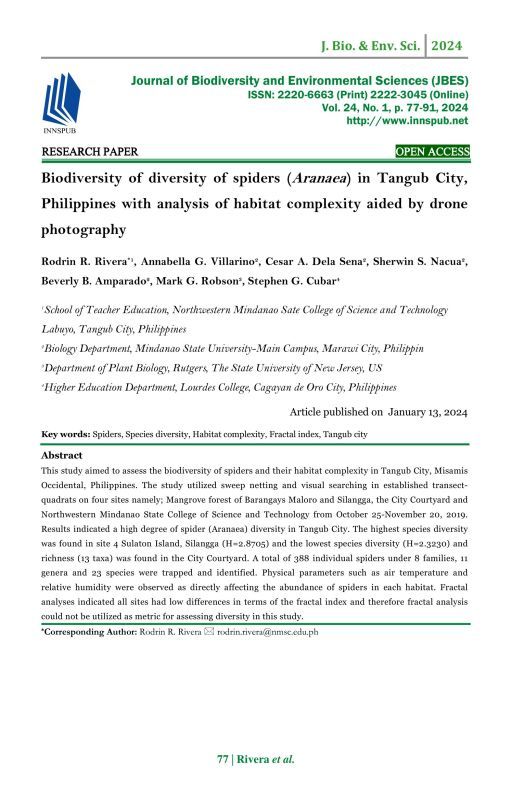 Biodiversity of diversity of spiders (Aranaea) in Tangub City, Philippines by oaresearchpaper