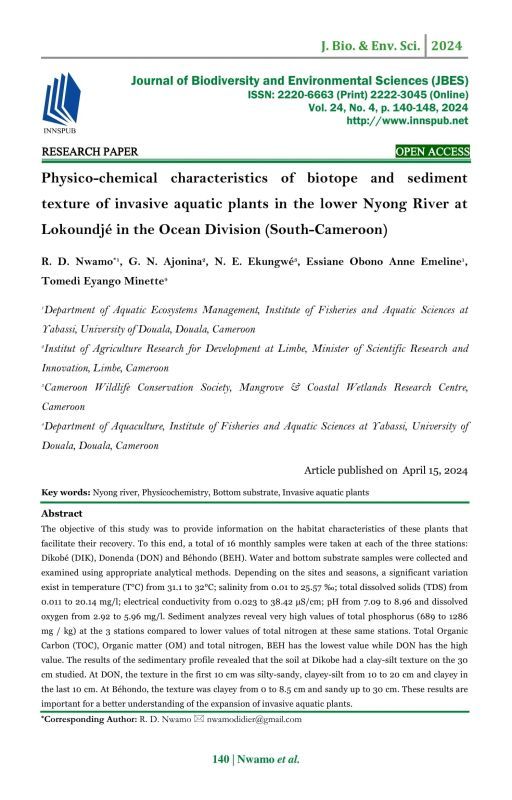 Physico-chemical characteristics of biotope and sediment texture of invasive by oaresearchpaper