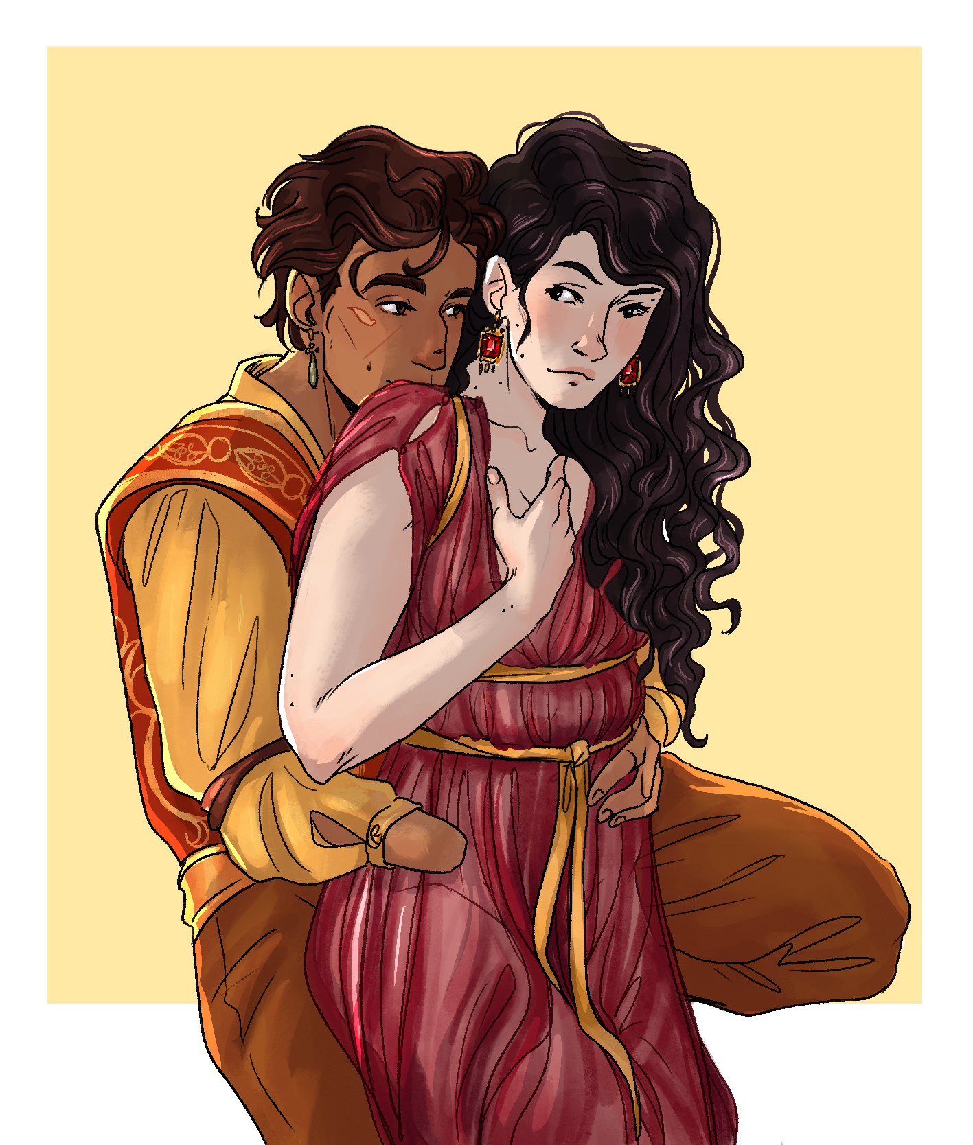 procreate drawing of Eugenides and Irene in a pose based on old fashioned couples photographs. Gen sits behind Irene in a brightly colored yellow and orange tunic and vest combo, without his hook on. His bare wrist wraps around Attolia's waist, and he presses a kiss to her bare shoulder while he looks besotted at her. Attolia is perched on his lap with her hair unbound,  wearing a dark red semi-sheer gown fashioned after a peplos, tied up with a gold ribbon. she holds the front to her chest and looks coyly over her shoulder back at Eugenides. She's wearing the squarecut ruby earrings.