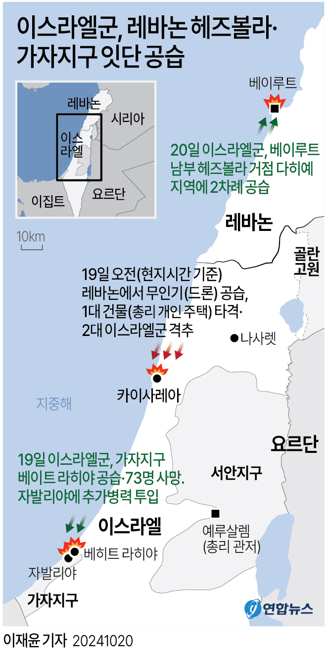  이스라엘군, 레바논 헤즈볼라·가자지구 잇단 공습(종합)