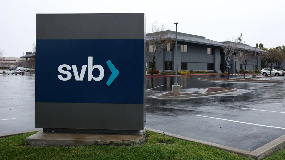 A sign is posted in front of the Silicon Valley Bank (SVB) headquarters on March 10, 2023 in Santa Clara, California. Silicon Valley Bank was shut down on Friday morning by California regulators and w