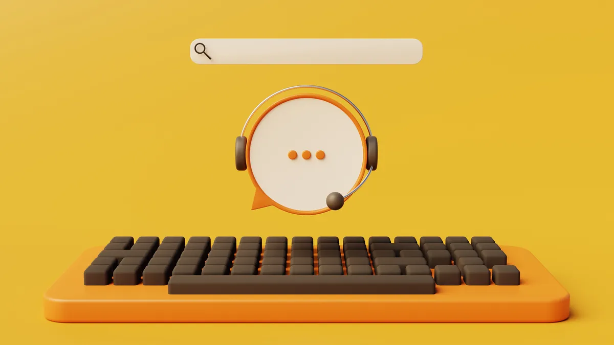 IT service desk worker graphic illustrating a search box and telephone on an orange background