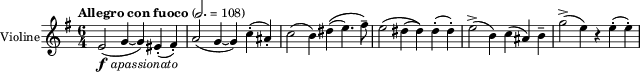 
\relative c'{
\version "2.18.0"
\key e \minor
\set Staff.instrumentName = "Violine"
\time 6/4
\clef treble
\tempo "Allegro con fuoco" 2.=108
e2_\markup{\line{\dynamic"f"}{\italic" apassionato"}}( g4~ g) eis(-. fis)-.
a2( g4~ g) c(-. ais)-.
c2( b4) dis\(( e4.) fis8\)--
e2\( dis4( dis)\) dis(-. dis)-.
e2(-> b4) c\(( ais) b)--
g'2(-> e4) r e(-. e)-.
}
