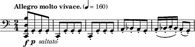 
{ \clef bass \key c \major \time 2/4 \tempo "Allegro molto vivace." 4 = 160
     < c, g, d b>8\f [g,-._\markup{\dynamic p \italic " saltato" } g,-. g,-.] c,-. [g,-. g,-.g,-.] c,-. [g,-. g,-.g,-.] a,-. [bes,-. a,-. g,-.] a,16-. ( bes,-. c-. bes,-.) a,8-. ( g,-.)
   }
