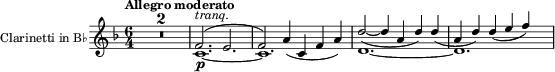 \relative c'{
\set Staff.instrumentName = #"Clarinetti in B♭"
\tempo "Allegro moderato"
\compressEmptyMeasures
\version "2.22.0"
\key f \major
\clef treble
\time 6/4
R1*6/4*2
<<{\tieNeutral c1._\p~ c d~ d} \\ {\slurUp \stemUp f2.^\markup{\italic"tranq."}( e f2) \stemUp \slurNeutral a4( c, f a) d2~( d4 a d) d( a d) d( e f)}>>
}
