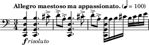 
{ \clef bass \key c \major \time 3/4 \tempo "Allegro maestoso ma appassionato." 4 = 100
 < c, g, d b>4_\markup{\dynamic f \italic"risoluto" } < c, g, d b>4.  cis