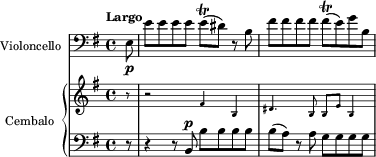 <<
\new Staff \with { instrumentName = #"Violoncello" } \relative c {\clef "bass" \key e \minor \time 4/4 \tempo "Largo" \partial 8 e8\p e'8 e e e e \trill [( dis)] r8 b fis' fis fis fis fis \trill ( e) g b, }  \new PianoStaff \with { instrumentName = #"Cembalo  " } <<
  \new Staff = "up" \new CueVoice {
    \clef "treble" \key e \minor \time 4/4 
    \partial 8 r8 r2 fis'4 b dis'4. b8 b [ e'] b4
  }
  \new Staff = "down"
    {
      \clef "bass" \key e \minor \time 4/4 
    \partial 8 r8 r4 r8 b,^\p b b b b b ( a) r a g g g g
    }
>>
>>