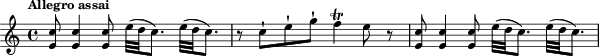 \relative c'' { \clef treble \key c \major \time 4/4  \tempo "Allegro assai"
<e, c'>8 <e c'>4 <e c'>8 e'32( d c8.) e32( d c8.) | r8 c-! e-! g-! f4\trill e8 r | <e, c'>8 <e c'>4 <e c'>8 e'32( d c8.) e32( d c8.) |  }