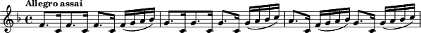 \relative c'' { \clef treble \key f \major \time 4/4  \tempo "Allegro assai"
f,8.[ c16 f8. c16] f8. c16 f16( g a bes) | g8.[ c,16 g'8. c,16] g'8. c,16 g'16( a bes c) | a8. c,16 f16( g a bes) g8. c,16 g'16( a bes c)  }