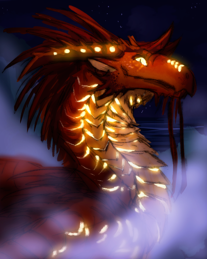 Portrait of a red dragon surrounded by fog at night. She is looking slightly behind her and has glowing yellow scales.