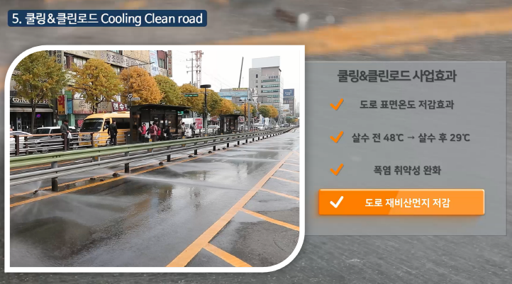 5.쿨링 클린보드  Cooling Cleanroad 쿨링 클린로드 사업효과 도로표면온도 저감효과,살수전 48도 살수후 29도 폭염 취약성 완화, 도로 재비산먼지 저감